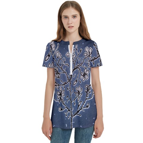 Nature Charm Drawing  Women s Zip Front V-neck Short Sleeve Casual Top Pocket Shirt by dflcprintsclothing