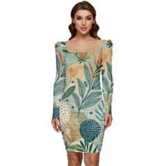 Leaves Pattern Flora Women Long Sleeve Ruched Stretch Jersey Dress by Salmanaz77