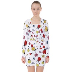 Seamless Pattern Nature Flowers V-neck Bodycon Long Sleeve Dress by Salmanaz77