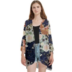 Japanese Wave Koi Illustration Pattern Open Front 3/4 Sleeve Batwing Chiffon Cardigan Kimono by Ndabl3x