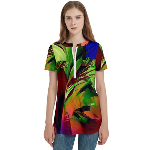 Splash Women s Zip Front V-neck Short Sleeve Casual Top Pocket Shirt by geonetique