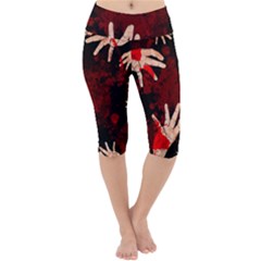 Horror Themed Bloody Hands Lightweight Velour Cropped Yoga Leggings by ExtraAwesomeSauce