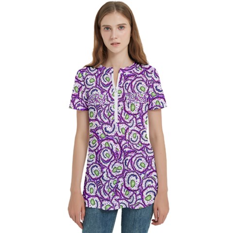 Funny Bacterias Drawing Motif Random Pattern Women s Zip Front V-neck Short Sleeve Casual Top Pocket Shirt by dflcprintsclothing
