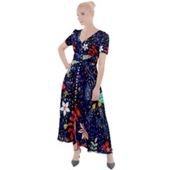 Festive Floral Pattern Christmas Blue Floral Flower Foliage Leaves Pattern Red Snow Winter Button Up Short Sleeve Maxi Dress by Maspions