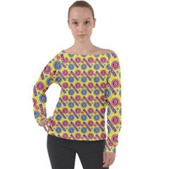 Colorful Bitcoin Pattern Off Shoulder Long Sleeve Velour Top by ExtraAwesomeSauce