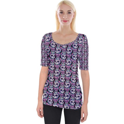 Sugar Skull Cat Pattern Wide Neckline T-shirt by ExtraAwesomeSauce
