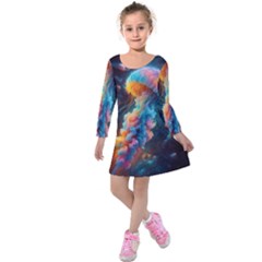 Cosmic Jellyfish Artwork Kids  Long Sleeve Velvet Dress by ExtraAwesomeSauce