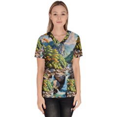 Serene Mountain Waterfall Landscape Women s V-neck Scrub Top by ExtraAwesomeSauce