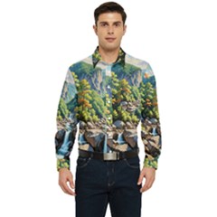 Serene Mountain Waterfall Landscape Men s Long Sleeve Pocket Shirt  by ExtraAwesomeSauce