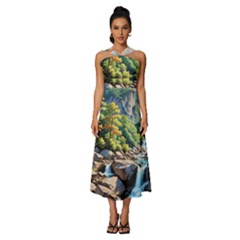 Serene Mountain Waterfall Landscape Sleeveless Cross Front Cocktail Midi Chiffon Dress by ExtraAwesomeSauce