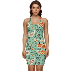 Retro 1960s Flowers Pattern 3 Sleeveless Wide Square Neckline Ruched Bodycon Dress by violetheavensky