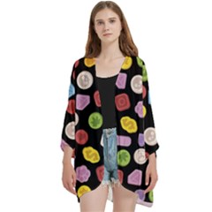 Ecstasy Pills Pattern Open Front 3/4 Sleeve Batwing Chiffon Cardigan Kimono by Valentinaart