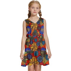 Mid Century Retro Floral 1970s 1960s Pattern 69 Kids  Sleeveless Tiered Mini Dress by violetheavensky