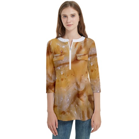 Homemade Flan Extreme Close-up Texture Wb Women s Zip Front V-neck 3/4 Sleeve Casual Top Pocket Shirt by dflcprintsclothing
