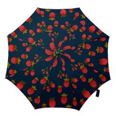 Strawberry Texture, Blue Background With Strawberries Hook Handle Umbrellas (small) by kyorashop23
