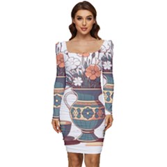 Flower Vase Nature Bloom Blossom Women Long Sleeve Ruched Stretch Jersey Dress by Salmanaz77