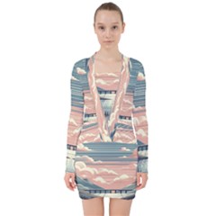 Artwork Painting Sculpture Nature V-neck Bodycon Long Sleeve Dress by Salmanaz77