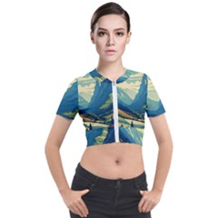 Mountains Nature Forest Landscape Short Sleeve Cropped Jacket by Salmanaz77