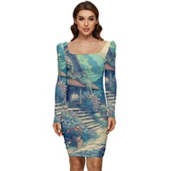 House Garden Building Flowers Women Long Sleeve Ruched Stretch Jersey Dress by Salmanaz77
