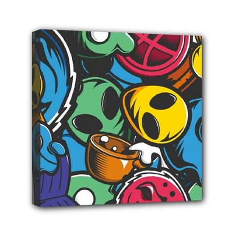 Funky Alien Pattern Abstract Colourful Drawing Mini Canvas 6  X 6  (stretched) by Posterlux
