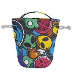 Funky Alien Pattern Abstract Colourful Drawing Drawstring Bucket Bag by Posterlux