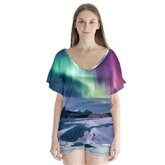 Northern Lights Aurora Night Nature V-neck Flutter Sleeve Top by Posterlux