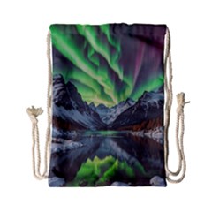 Lake Mountains Aorora Northern Lights Snow Drawstring Bag (small) by Paksenen