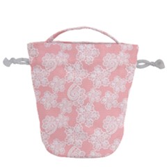 Lace White Ornamental Textile Drawstring Bucket Bag by Paksenen