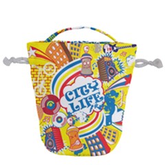 Colorful City Life Horizontal Seamless Pattern Urban City Drawstring Bucket Bag by Bedest