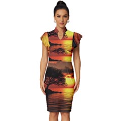 Sunset Nature Sea Dusk Landscape Vintage Frill Sleeve V-neck Bodycon Dress by Salmanaz77