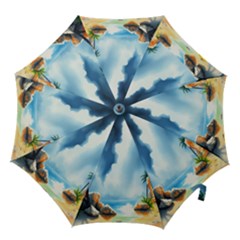 Delicate Watercolor Painting Surreal Oasis Scene With Intense Dramatic Lighting Hook Handle Umbrellas (small) by pollyparadiseartshop