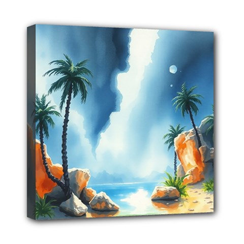 Delicate Watercolor Painting Surreal Oasis Scene With Intense Dramatic Lighting Mini Canvas 8  X 8  (stretched) by pollyparadiseartshop