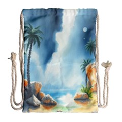 Delicate Watercolor Painting Surreal Oasis Scene With Intense Dramatic Lighting Drawstring Bag (large) by pollyparadiseartshop