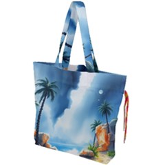 Delicate Watercolor Painting Surreal Oasis Scene With Intense Dramatic Lighting Drawstring Tote Bag by pollyparadiseartshop