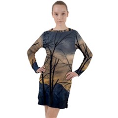 Tree Silhouette At Border Of Nahuel Haupi Lake, Rio Negro, Argentina Long Sleeve Hoodie Dress by dflcprintsclothing