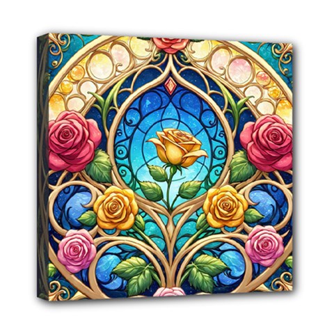 Roses Floral Stained Glass Vibrant Mini Canvas 8  X 8  (stretched) by Grandong