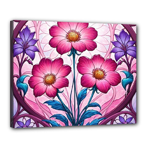 Fantasy Pink Flowers Stained Glass Canvas 20  X 16  (stretched) by Grandong