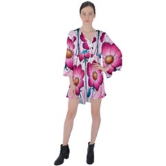 Fantasy Pink Flowers Stained Glass V-neck Flare Sleeve Mini Dress by Grandong