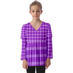 Purple Plaid Tartan 3 Kids  V Neck Casual Top by dressshop