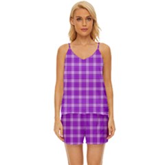 Purple Plaid Tartan 3 V-neck Satin Pajamas Set by dressshop