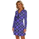 Blue Tartan Plaid 1 Diagonal Long Sleeve Deep V Mini Dress  View2