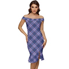 Purple Plaid Tartan 1 Diagonal Off Shoulder Ruffle Split Hem Bodycon Dress by dressshop