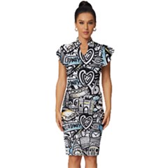 Doodle New York City Nyc Vintage Frill Sleeve V-neck Bodycon Dress by Salmanaz77