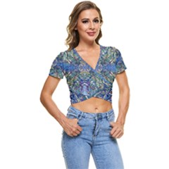 Blue Arabesque Short Sleeve Foldover T-shirt by kaleidomarblingart