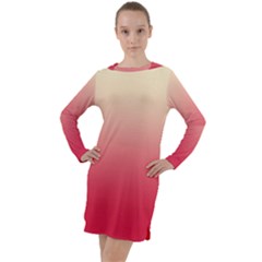 Cream Yellow To Crimson Red Linear Gradient Long Sleeve Hoodie Dress by GradientsOmbre