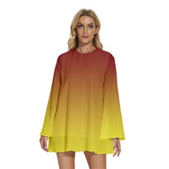 Burgundy Red To Electric Yellow Linear Gradient Round Neck Long Sleeve Bohemian Style Chiffon Mini Dress by GradientsOmbre