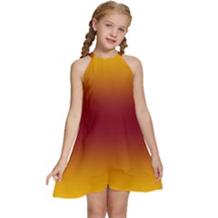 Amber Orange To Burgundy Red Bilinear Gradient Kids  Halter Collar Waist Tie Chiffon Dress by GradientsOmbre