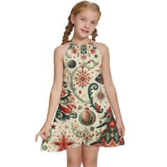 Christmas Tree Snow Kids  Halter Collar Waist Tie Chiffon Dress by Bedest