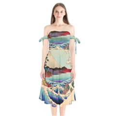 Wave Japanese Mount Fuji Ocean Shoulder Tie Bardot Midi Dress by Bedest