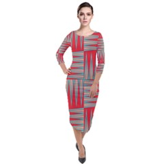 Zigzag Pattern Chevron Red Quarter Sleeve Midi Velour Bodycon Dress by Bedest